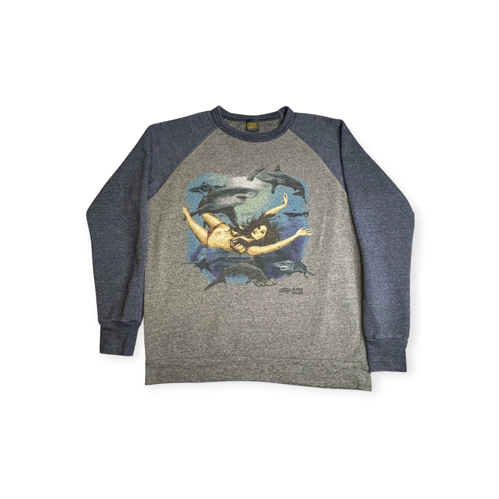 Dark Seas Mens Shark Woman Graphic Raglan Sweatshirt Grey Navy Blue Large USA